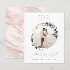 Magnolia Floral & Roos Gold Circle Foto omgeven Save The Date