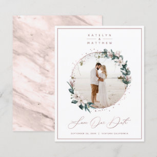 Magnolia Floral & Roos Gold Circle Foto omgeven Save The Date