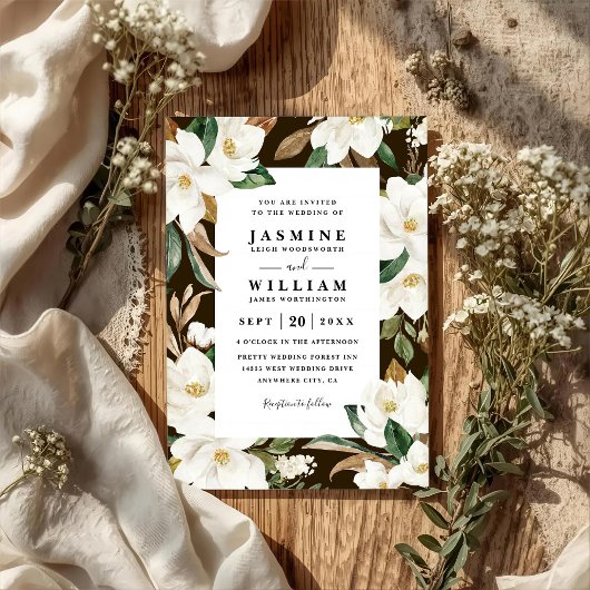 Magnolia Floral Rustic Elegant QR Code Wedding Kaart