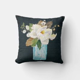 Magnolia Floral Rustic Navy Wood Blue Glass Vase Kussen