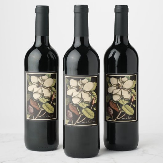 Magnolia Floral Script Name Wijn Etiket (Flessen)