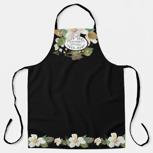 Magnolia Floral Waterverf Black in White Kitchen Schort (Voorkant)