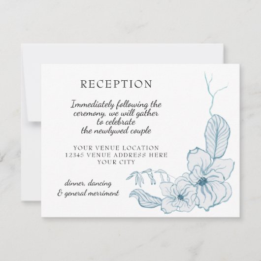Magnolia Floral Waterverf Blue n White Reception RSVP Kaartje (Voorkant)