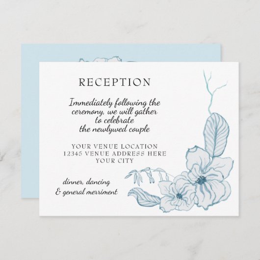 Magnolia Floral Waterverf Blue n White Reception RSVP Kaartje (Voorkant / Achterkant)