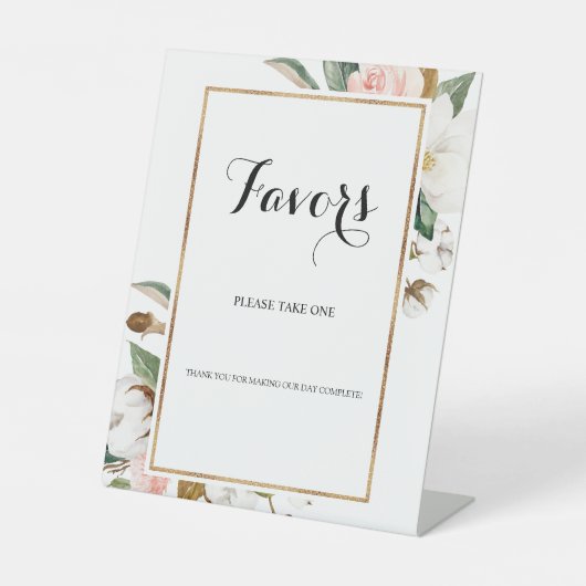 Magnolia Floral Wedding Favor Reclamebord Met Voetstuk (Voorkant)