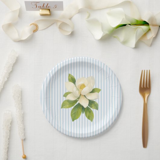 Magnolia Flower Custom Wedding Blue Stripe Papieren Bordje (Huwelijk)