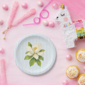 Magnolia Flower Custom Wedding Blue Stripe Papieren Bordje (Feest)