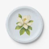 Magnolia Flower Custom Wedding Blue Stripe Papieren Bordje (Voorkant)