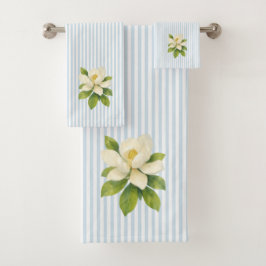 Magnolia Flower Painting Blue Stripe Bad Handdoek