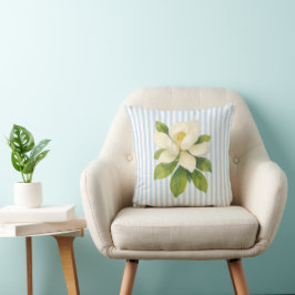 Magnolia Flower Painting Blue Stripe Kussen