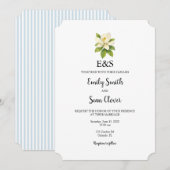 Magnolia Flower Wedding Monogram Blue Stripe Kaart (Voorkant / Achterkant)