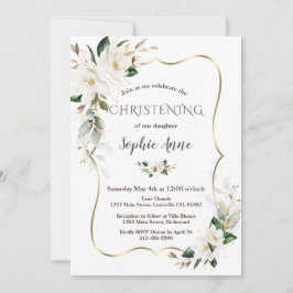 Magnolia Flowers Airy Greenery Gold Christening Kaart