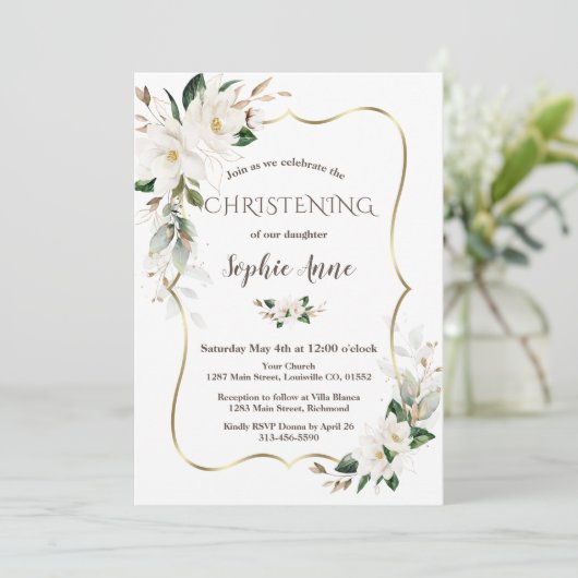 Magnolia Flowers Airy Greenery Gold Christening Kaart (Staand voorkant)