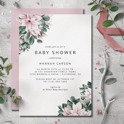 Magnolia Flowers | Dusty Pink Spring Baby shower Kaart