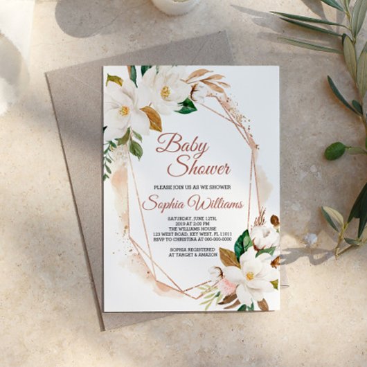 Magnolia Flowers & Gold Baby shower Invitation Kaart