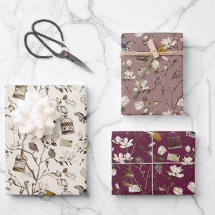 Magnolia gaard met uilen in roomroze bordeauxrood  inpakpapier vel