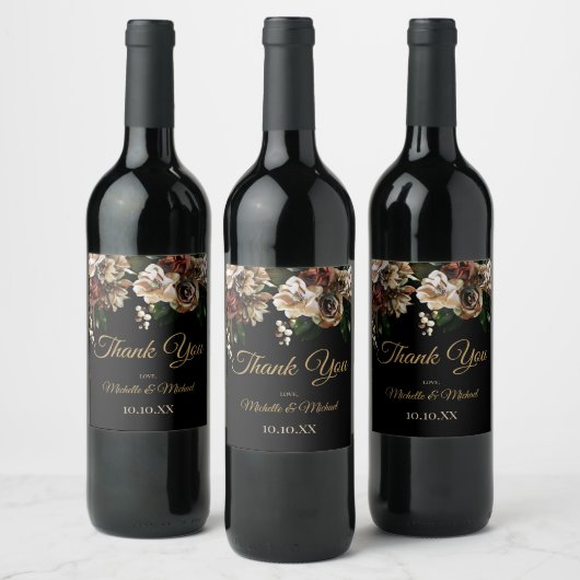 Magnolia Gold en Black Floral Hartelijk dank Wijn Etiket (Flessen)