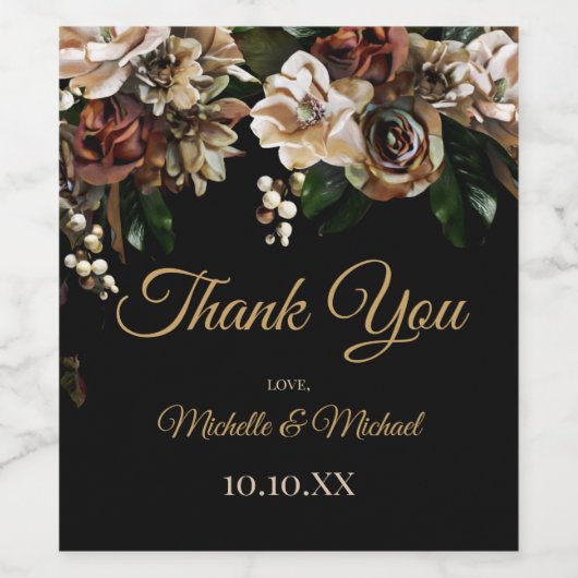 Magnolia Gold en Black Floral Hartelijk dank Wijn Etiket (Enkel label)