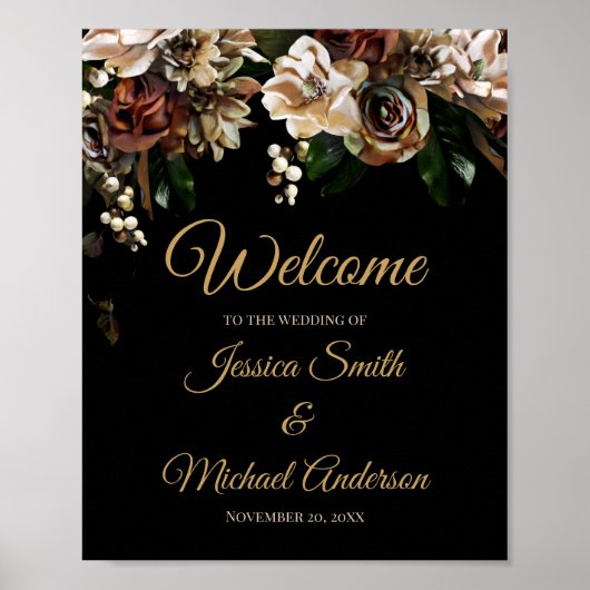 Magnolia Gold en Black Floral Wedding Invitation Poster (Voorkant)