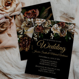 Magnolia Gold en Black Floral Wedding Kaart