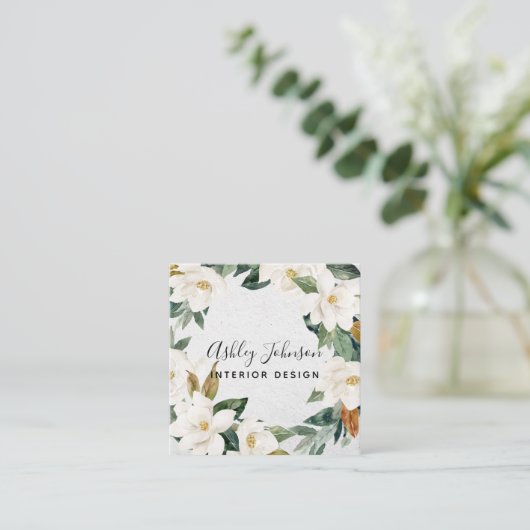 Magnolia Greenery Wreath Script Typography Square Vierkante Visitekaartje (Staand voorkant)