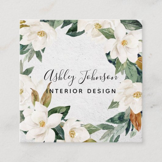 Magnolia Greenery Wreath Script Typography Square Vierkante Visitekaartje (Voorkant)