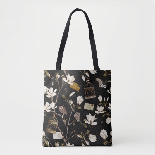 Magnolia Grove with Owls in Black Tote Bag (Voorkant)