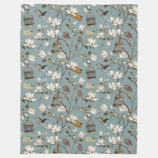 Magnolia Grove with Owls in Duck egg blue Fleece Deken (Voorkant)