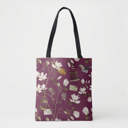 Magnolia Grove with Owls in Mulberry Red Tote Bag (Voorkant)