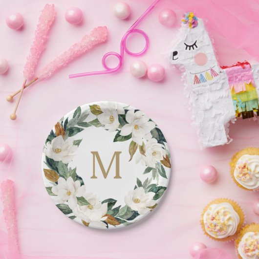 Magnolia Katoenen Monogram Papieren Borden Papieren Bordje (Feest)