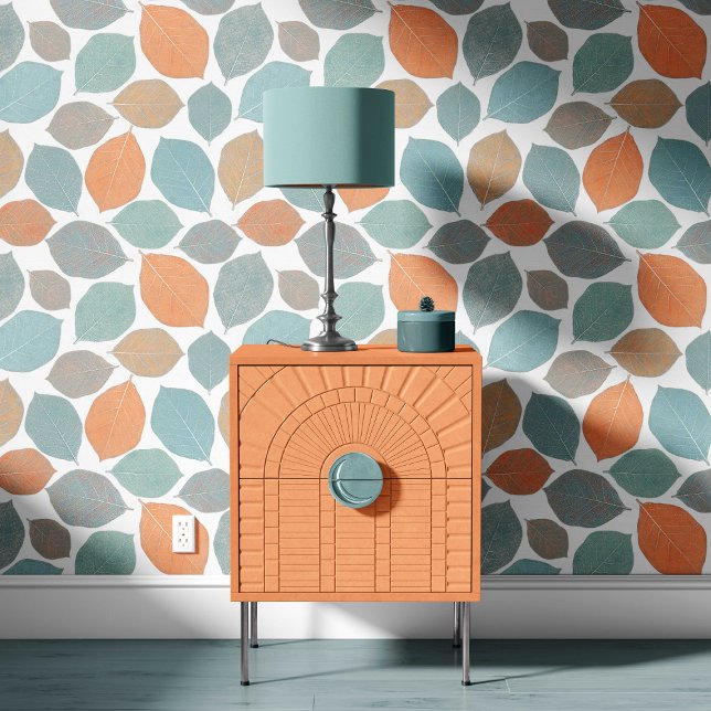 Magnolia Leaf Mild Orange Teal Aqua Blue Behang (Creator heeft geüpload)