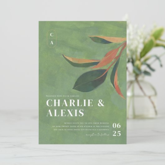 Magnolia Leaves Botanical Wedding Invitation Kaart (Staand voorkant)