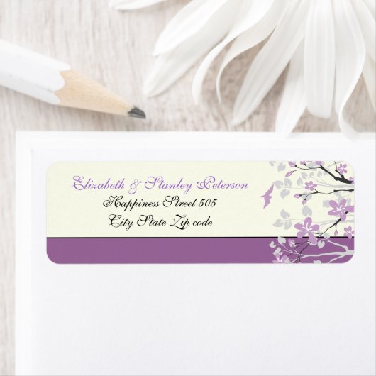 Magnolia met paarse bloemen trouwlabel etiket (Insitu)