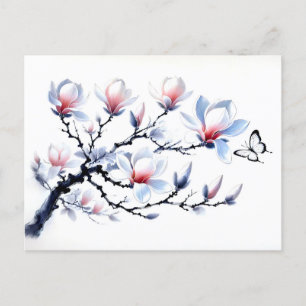 Magnolia met vlinder Aziatische inkt schilderij Feestdagenkaart