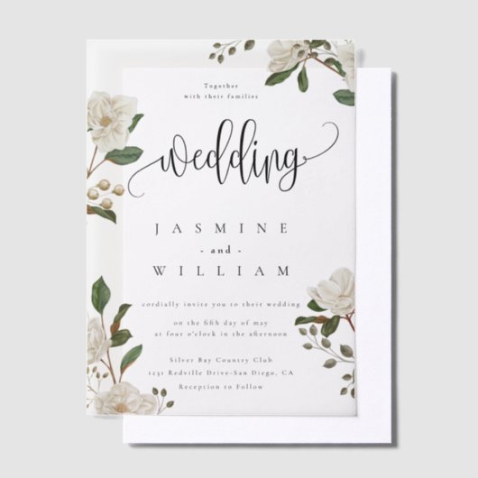 Magnolia moderne bruiloft vellum uitnodigingen (Offset)