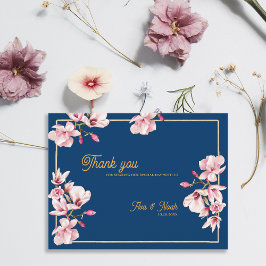 Magnolia Navy Blue Floral Wedding Thank You Briefkaart