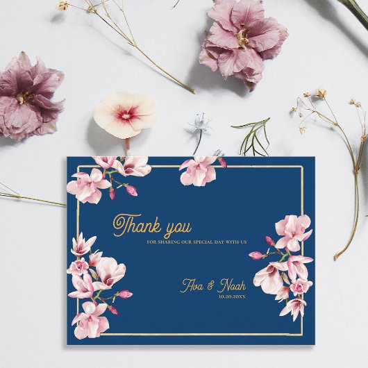 Magnolia Navy Blue Floral Wedding Thank You Briefkaart