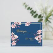 Magnolia Navy Blue Floral Wedding Thank You Briefkaart (Staand voorkant)