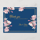 Magnolia Navy Blue Floral Wedding Thank You Briefkaart (Voorkant)
