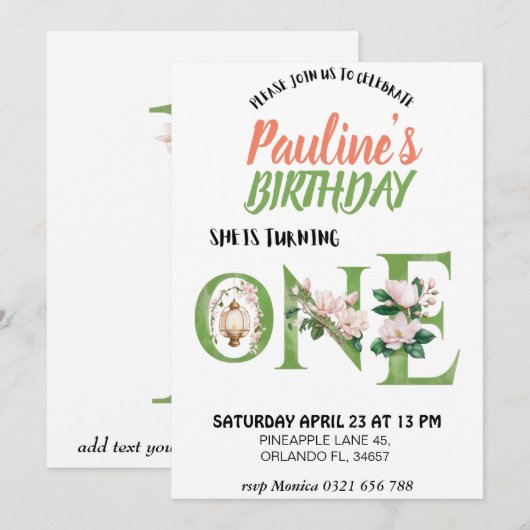 magnolia ONE baby verjaardagsuitnodiging Kaart (Voorkant / Achterkant)