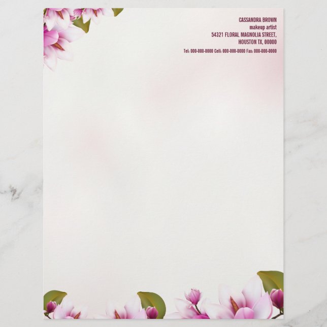 Magnolia Pink Floral gepersonaliseerd Briefhoofd (Voorkant)