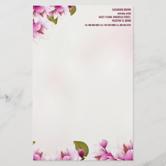 Magnolia Pink Floral gepersonaliseerd Briefpapier (Voorkant)
