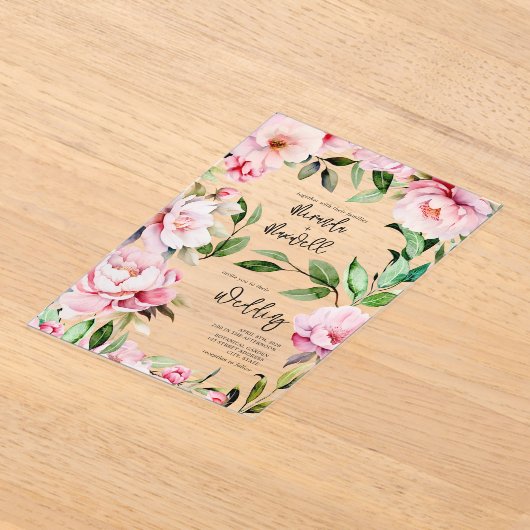 Magnolia Pioen Roze Waterverf Bloemenbruiloft Acryl Uitnodigingen (Laagn)