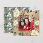 Magnolia & Rode Bes Goud Klassieke Foto Kerstmis Feestdagenkaart (Voorkant / Achterkant)