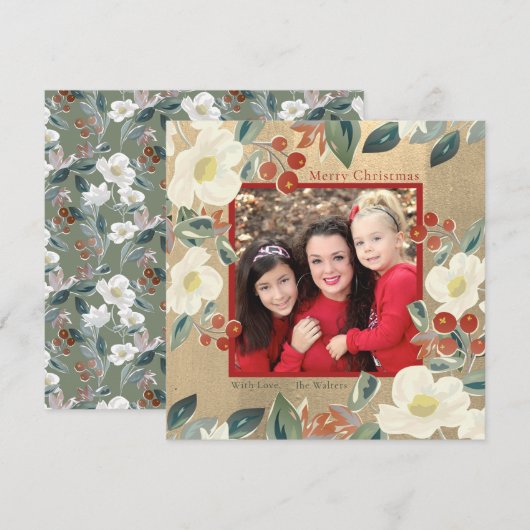 Magnolia & Rode Bes Goud Klassieke Foto Kerstmis Feestdagenkaart (Voorkant / Achterkant)