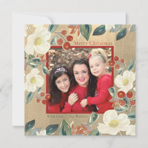 Magnolia & Rode Bes Gouden Klassieke Foto Kerstkaa Feestdagenkaart