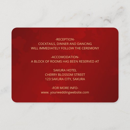 Magnolia rood goud Chinese bruiloft details Informatiekaartje (Achterkant)