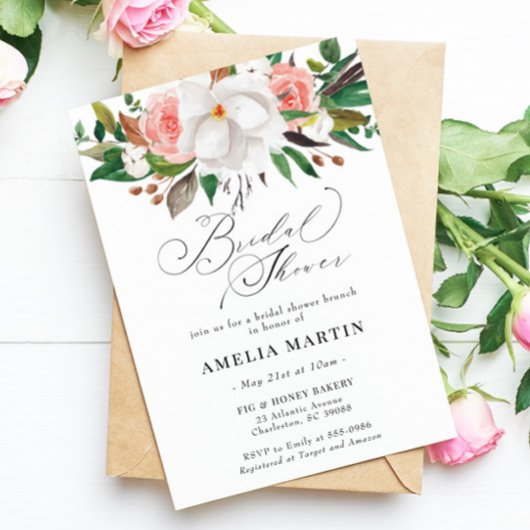 Magnolia Roos Cotton Bridal Shower Invitation Kaart