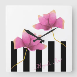 Magnolia Rosé Moderne Bloemen en Strepen Vierkante Klok