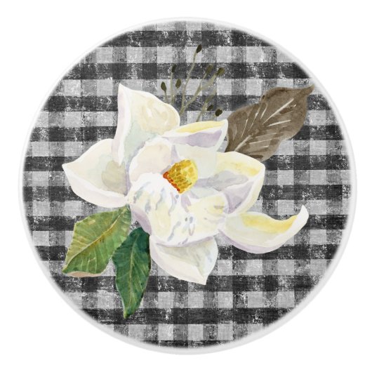 Magnolia Rustic Farmhouse Black in White Gingham Keramische Knop (Voorkant)